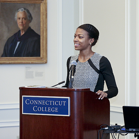 Young Alumni Trustee Chakena Sims '16 gives the keynote address 