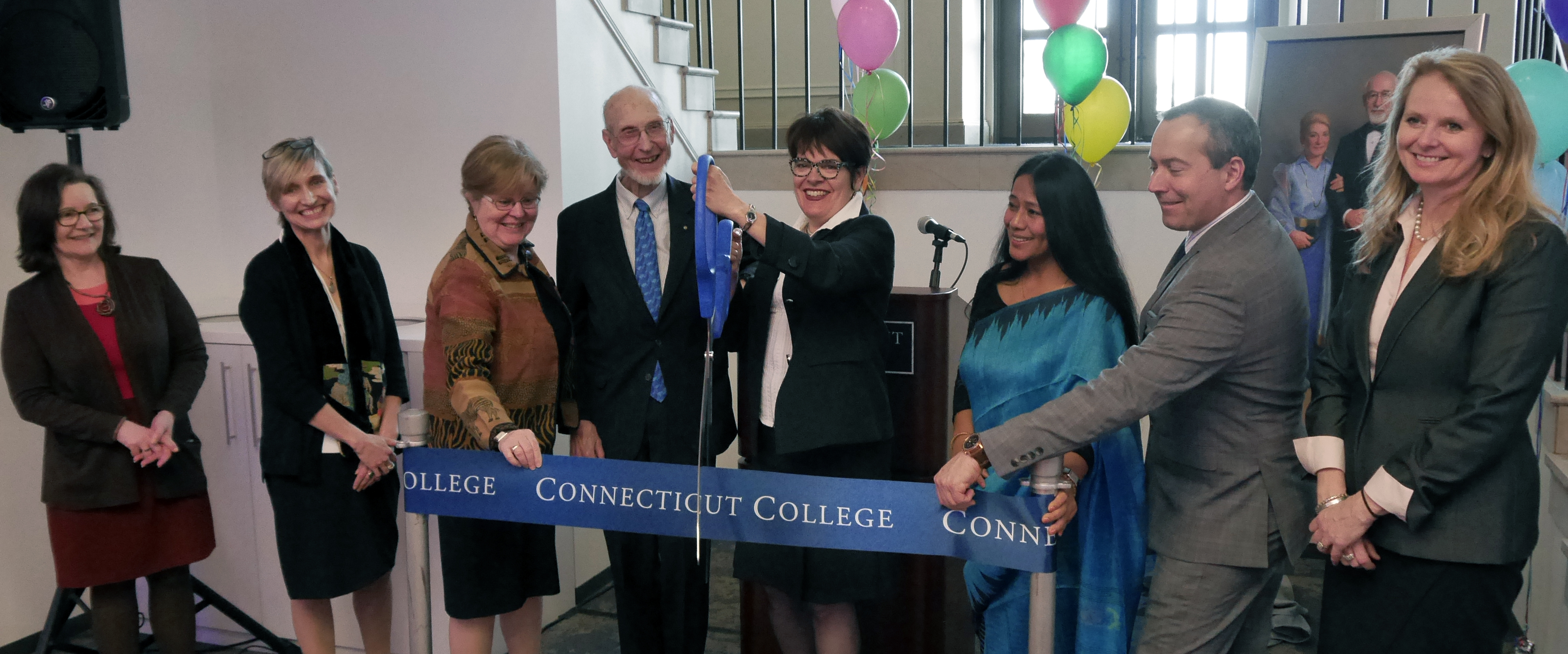 Katherine Bergeron cuts the ribbon to officially dedicate the Otto and Fran Walter Commons for Global Study and Engagement 