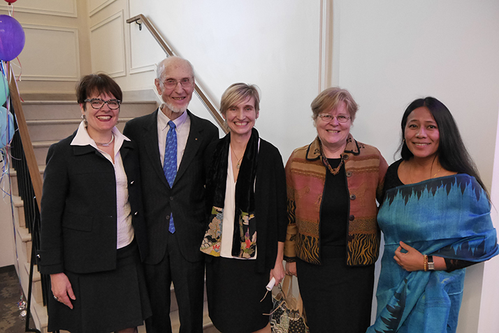 From left: President Katherine Bergeron, Frank Helman, Director of the Walter Commons Amy Dooling, Martha Peak Helman ’75 and Rescue Scholar-in-Residence Binalakshmi Nepram.