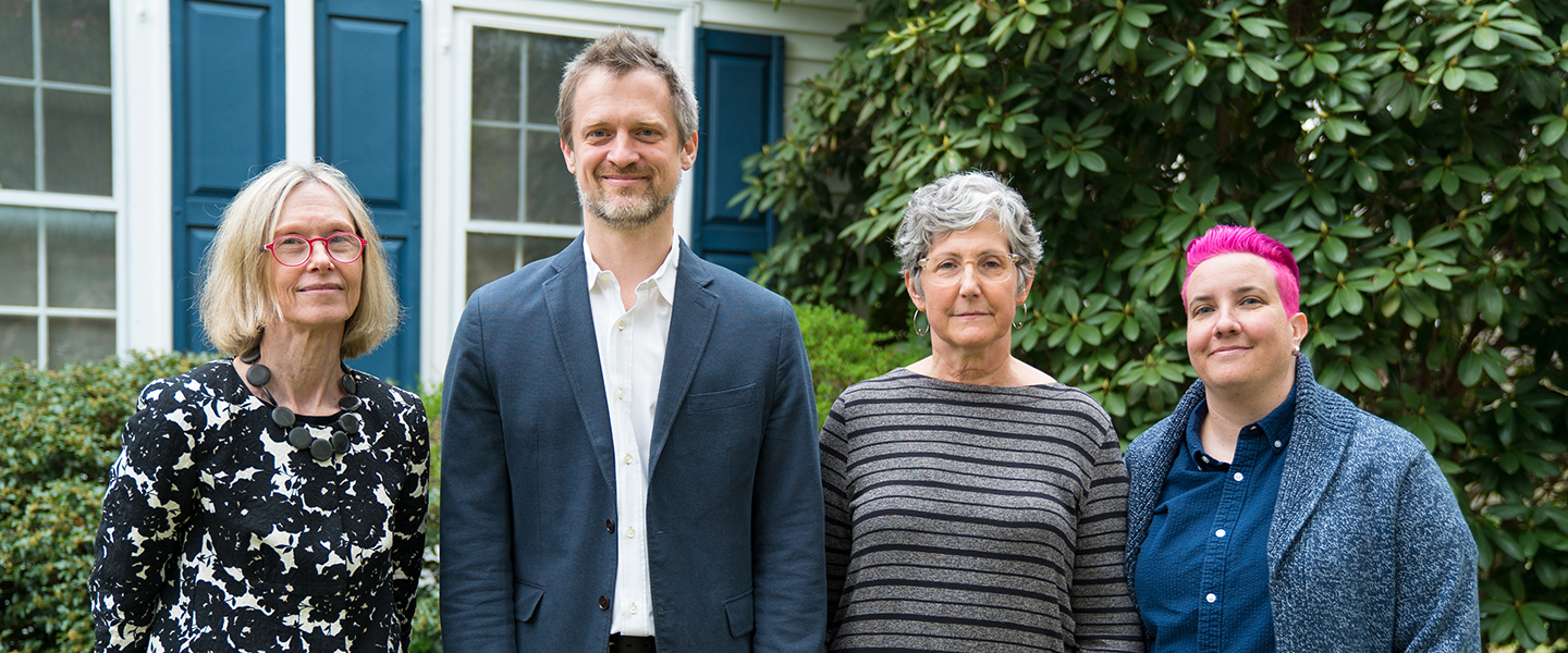 A group shot of the faculty award winners, professors Devlin, Myers, Wilson and Rotramel