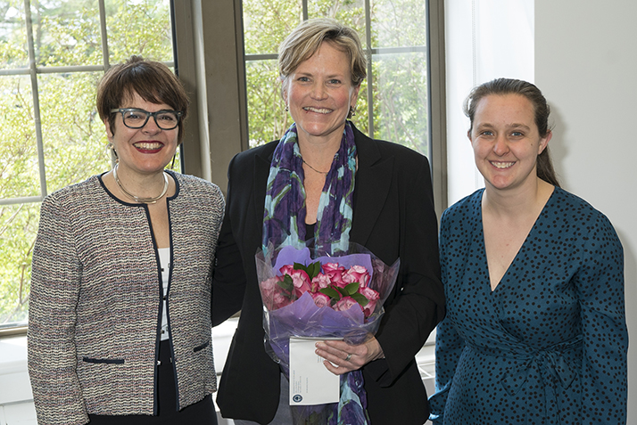 Melissa Ryan poses with President Katherine Bergeron and Margaret Bounds, chair of the Presidential Staff Recognition Awards Selection Committee. 