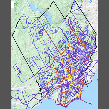 Walewski tracks his runs on this color-coded map of Fairfield. The black lines indicate the town borders. White represents the roads he still needs to complete, blue represents roads he's run once, and the other colors depict routes he has run multiple times. Walewski has completed the yellow route 160 times. 