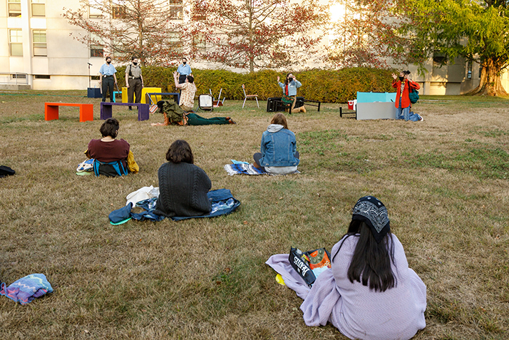 Actors perform Seven Twenty-Five, written by Ana Reyes-Rosado ’20, outdoors near Harris Refectory. 