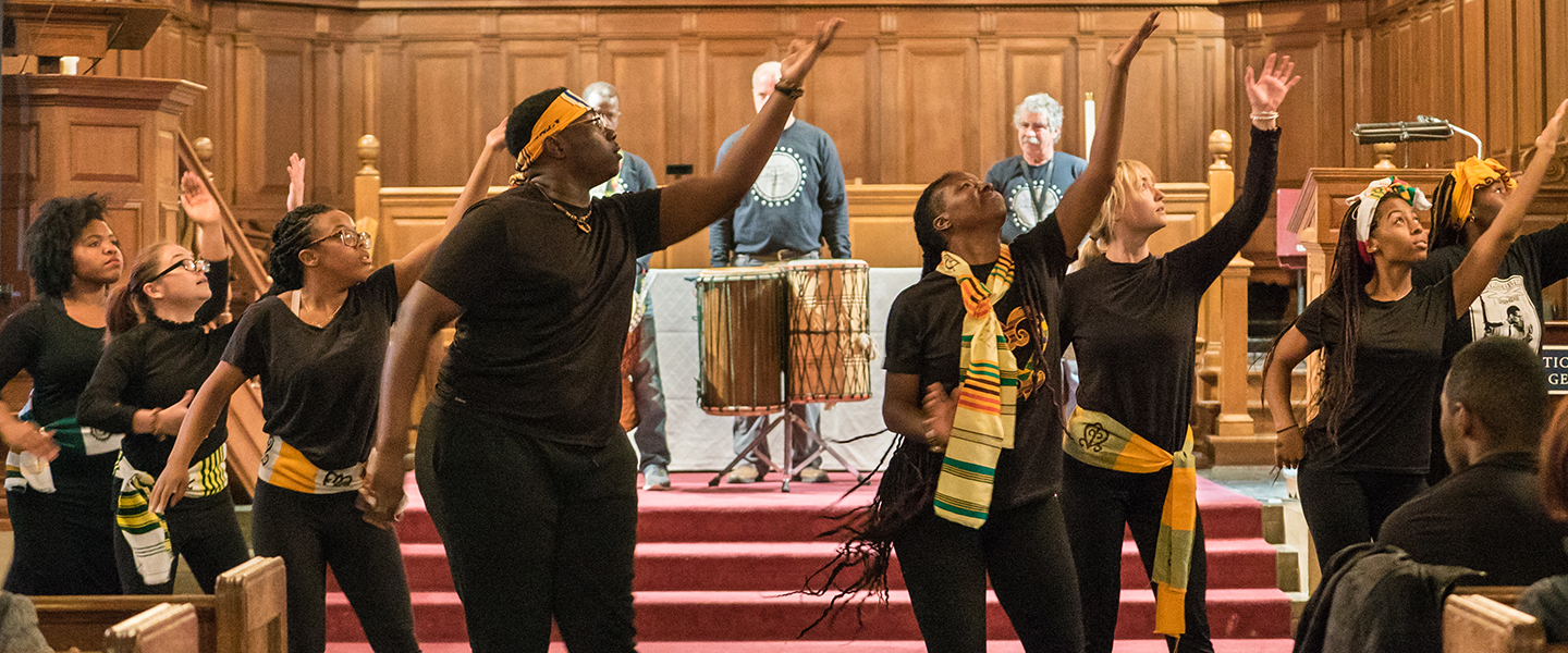 “Ghana: International Course Abroad” students perform a dance to the sounds of Crocodile River Music.