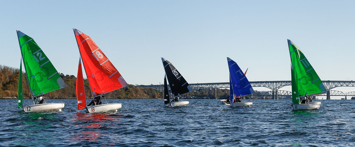 Sailboats on the Thames River as Conn competes against Boston College in a head-to-head regatta