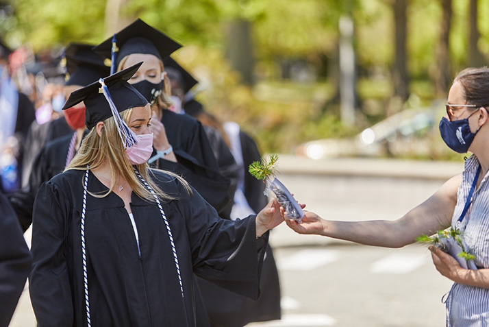 A graduate is handed a sapling. 