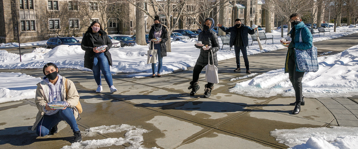 Students with masks on campus