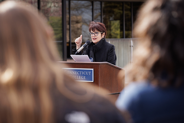 President Katherine Bergeron addresses the crowd.