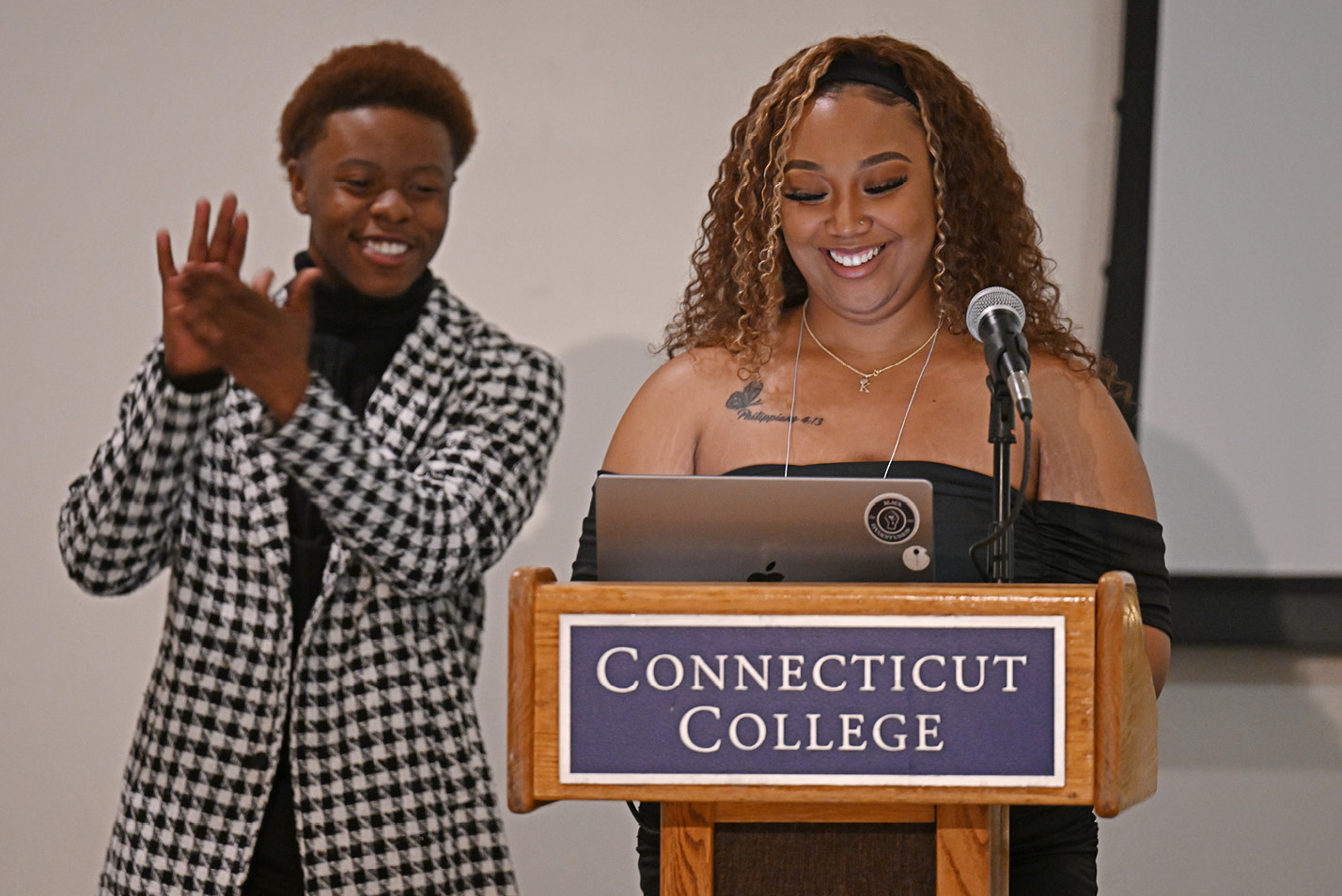 Khadedra Neals ’24 gets ready to address the crowd at the Black Student Union Black History Month Gala.