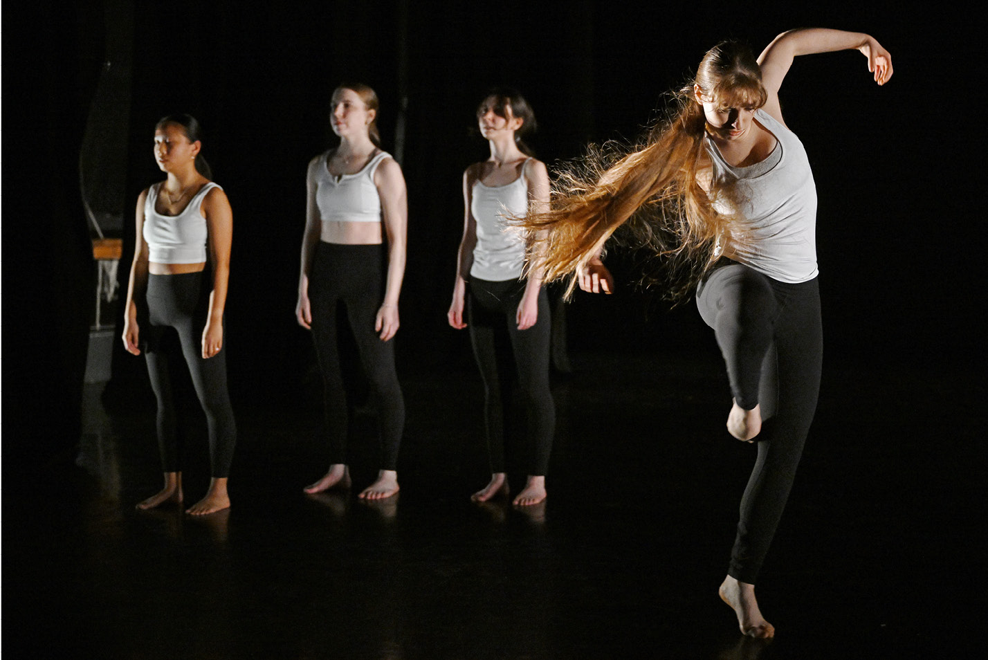 Dancers perform at Department of Dance Student Works Concert dress rehearsal in the Martha Meyers Dance Studio in late February.