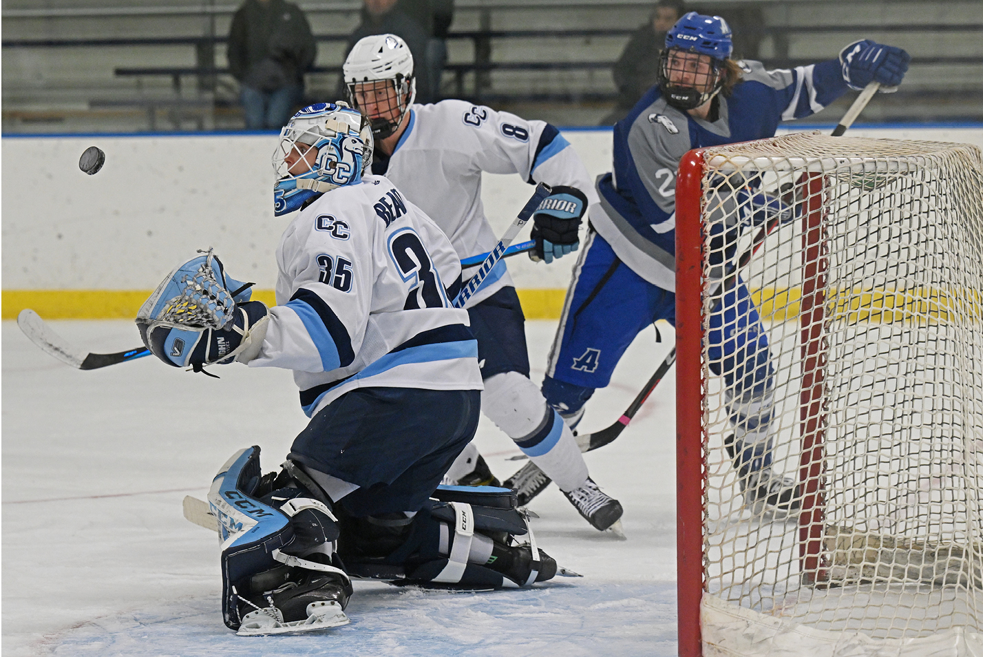 \Camels goalie Kellen Beauton '26 zeros in on an incoming shot.