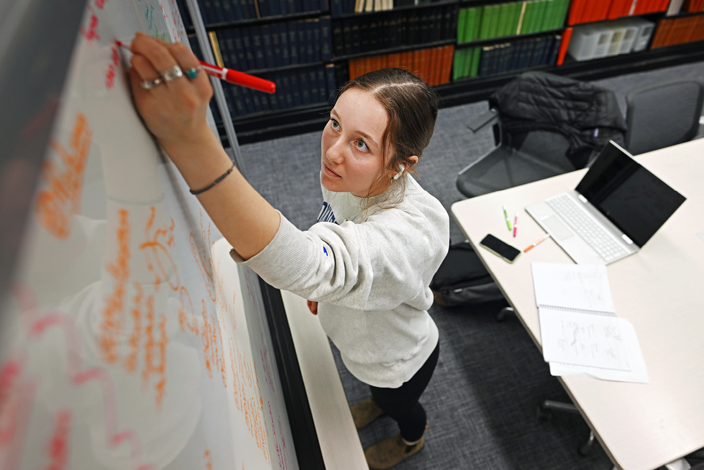 Edie Banovic ‘25 studies for a midterm in the basement of Shain Library