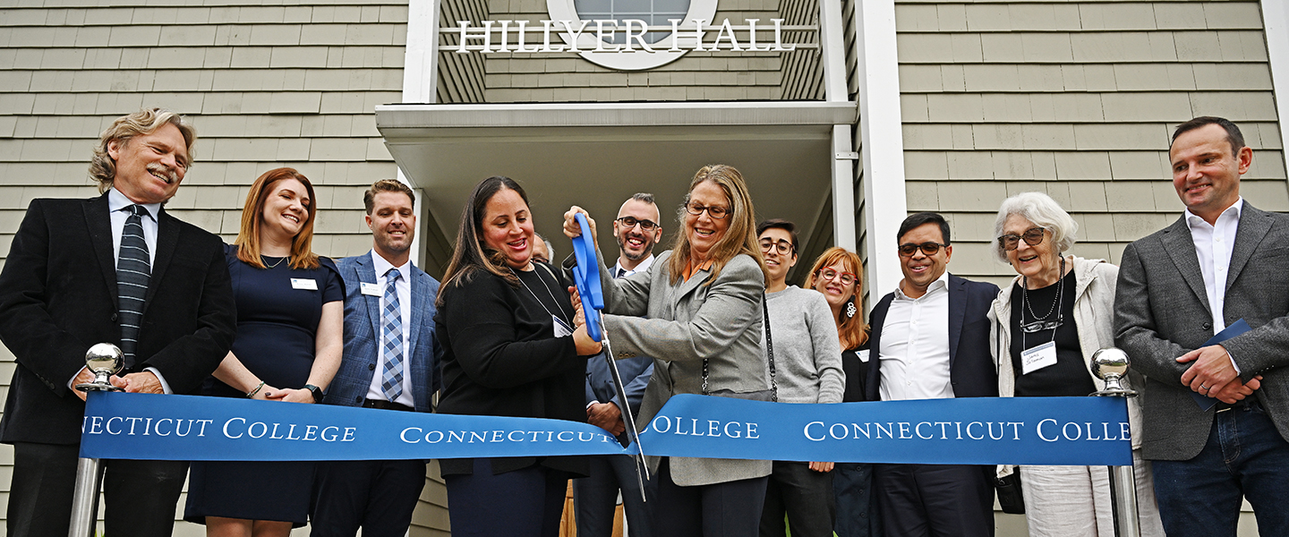 Stark Foundation Directors Allison Gorsuch Corrigan ’03 and Wendy Stark Morrissey P’03 snip the ribbon to officially open the Stark Center for the Moving Image.