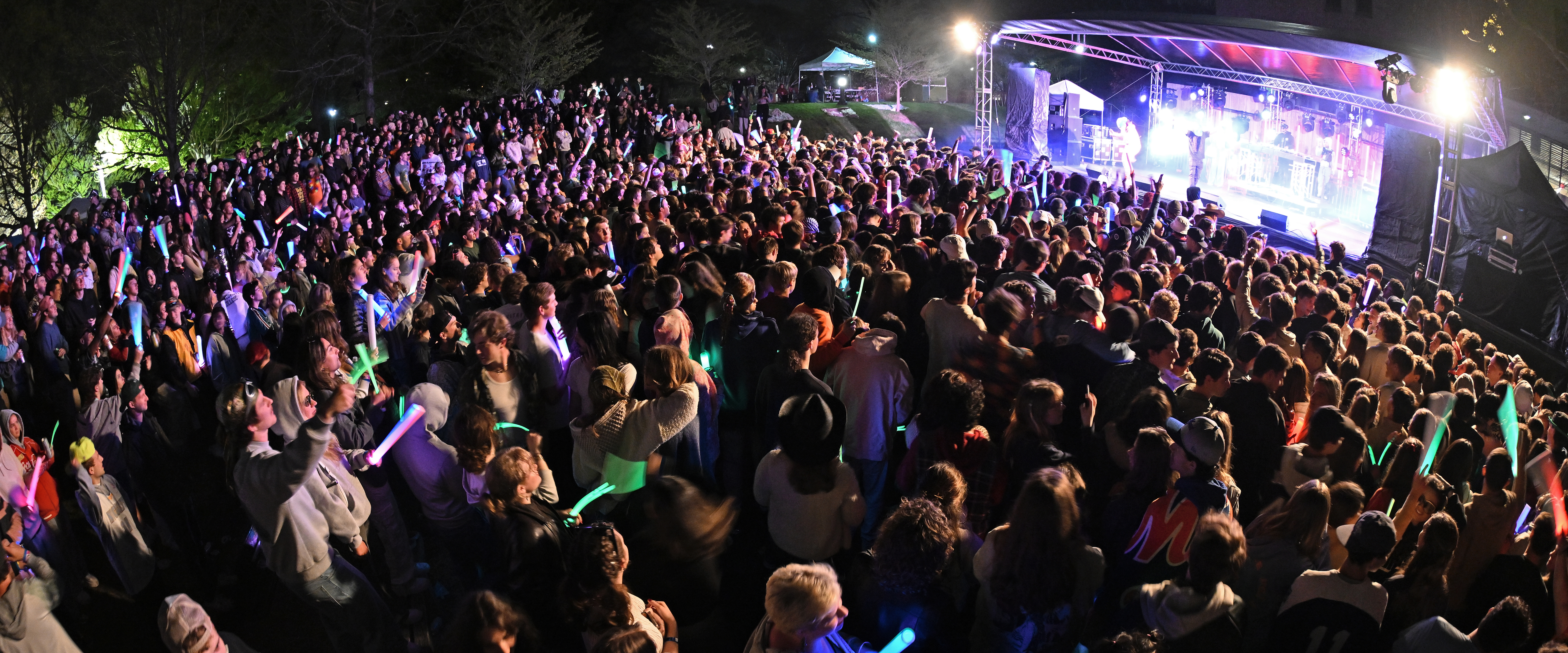 A crowd of concertgoers dance while lit by the glow from the stage