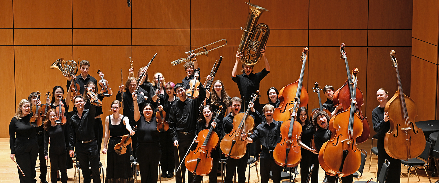 A group photo of the 2024 spring Connecticut College Orchestra