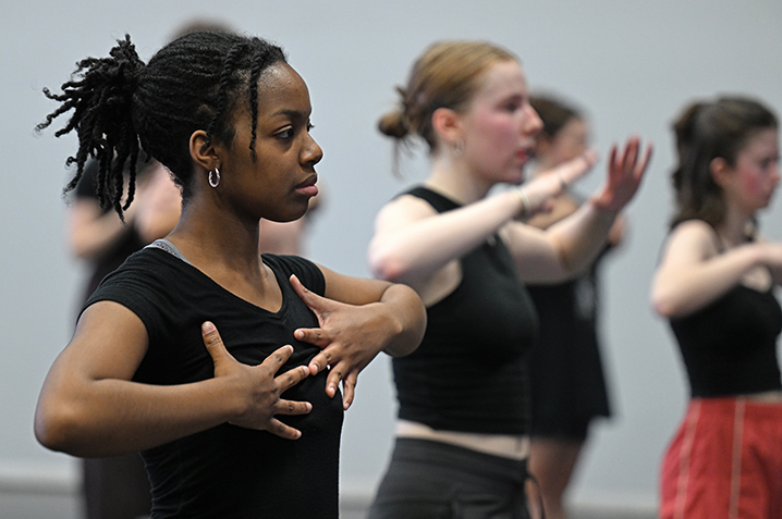 Dancers participate in a workshop led by Ronald K. Brown and Arcell Cabuag of the EVIDENCE Dance Company