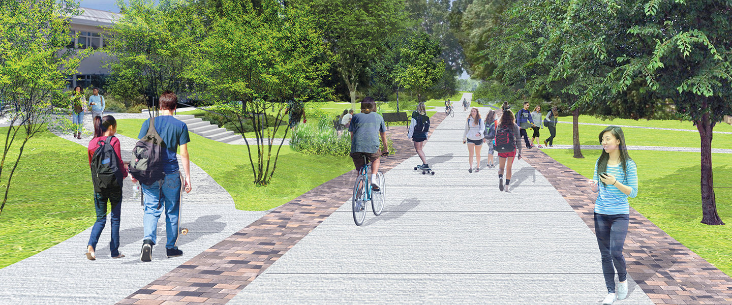 A rendering of the new pedestrian promenade in the center of campus.